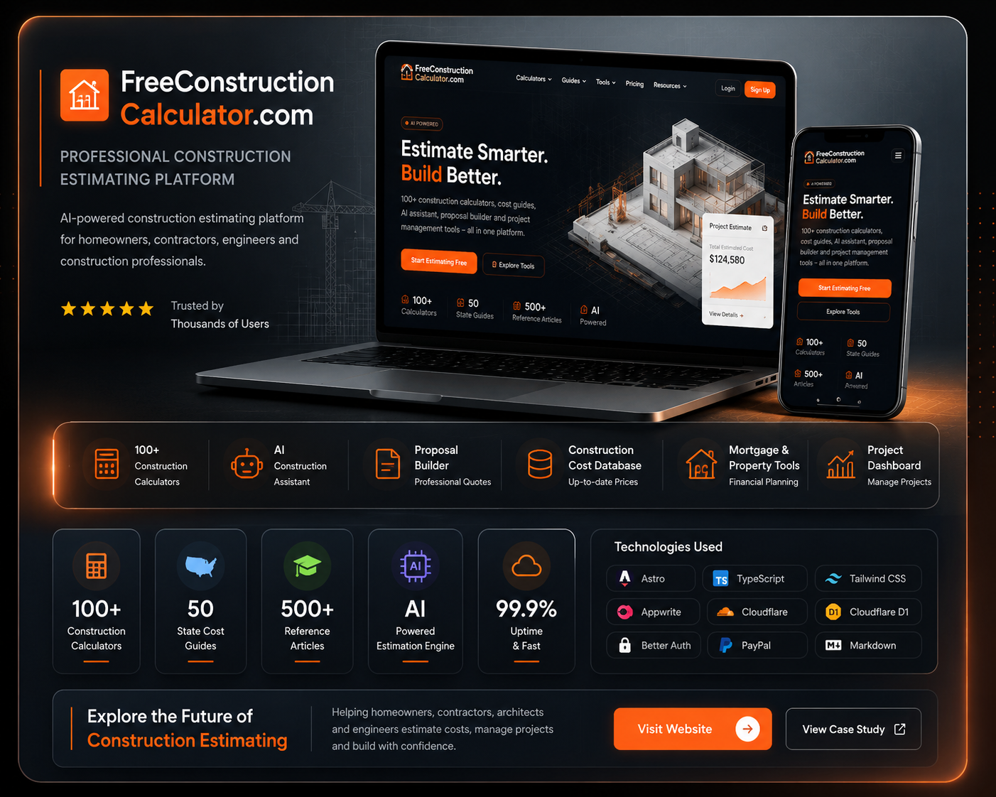 FreeConstructionCalculator.com - AI-powered construction estimating platform mockup on laptop and mobile